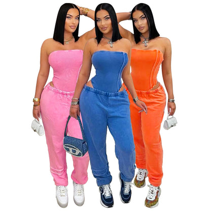 UNIKCOSA’s 2025 Strapless Tracksuit Set — Cotton Washed Bodysuit + Jogger Pants