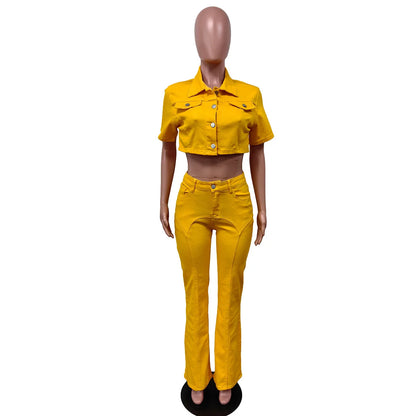 UNIKCOSA™ 2025 Denim 2-Piece Set – Short Sleeve Shirt & High-Waist Flare Pants | Women’s Y2K Streetwear Matching Outfit for Party & Club