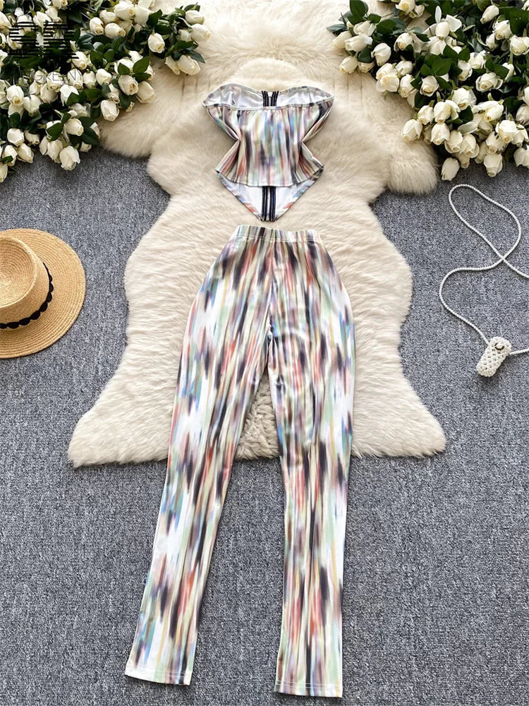 UNIKCOSA’s Strapless Streetwear Set — Zipper Crop Top + Bodycon Pants 2-Piece