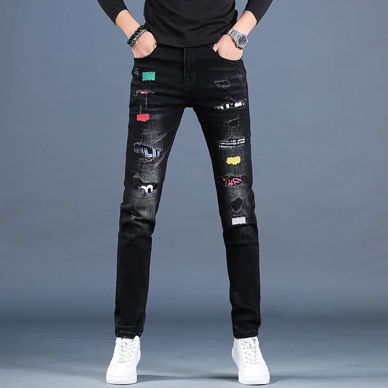 UNIKCOSA Men’s Ripped Embroidered Jeans – Slim Fit Black Patchwork Denim Casual Pants (Summer Thin Edition)