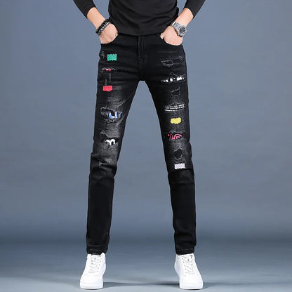 UNIKCOSA Men’s Ripped Embroidered Jeans – Slim Fit Black Patchwork Denim Casual Pants (Summer Thin Edition)