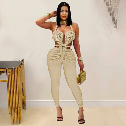 UNIKCOSA’s 2025 Ribbed Halter Jumpsuit — Sexy Backless Ruched One-Piece Clubwear