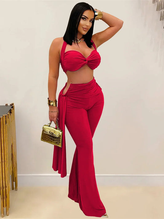 UNIKCOSA™ Chic 2-Piece Halter Set – Backless Knot Camisole & Metal Ribbon Flare Pants | Women’s Sexy Summer Outfit