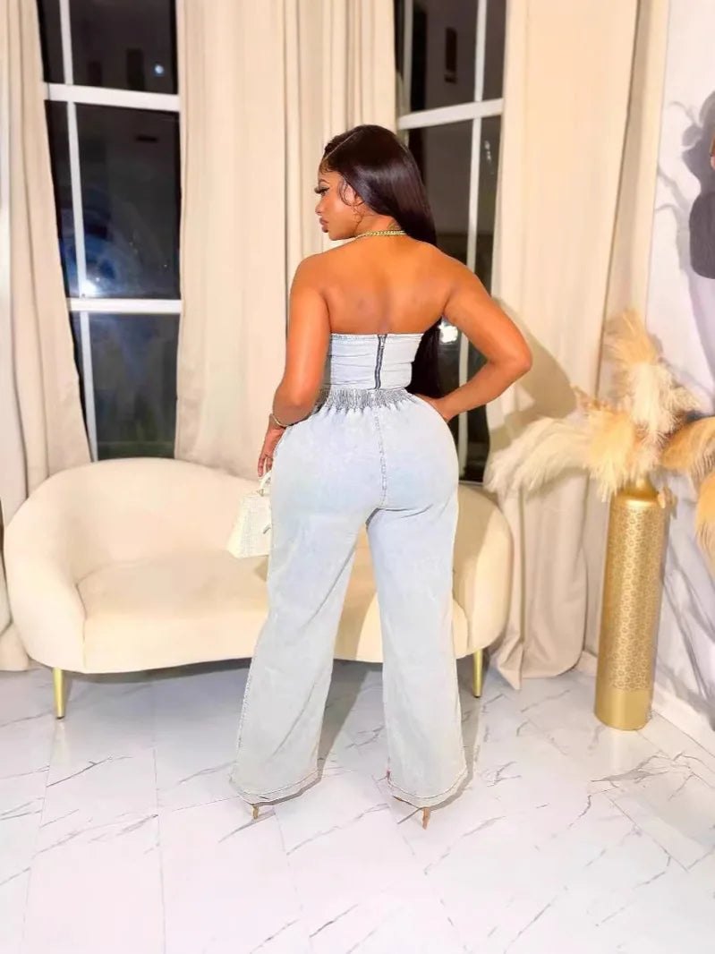 UNIKCOSA’s Denim Ruffle 2-Piece Set — Elegant Crop Top + Wide-Leg Jeans