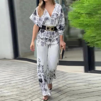 UNIKCOSA™ 2025 Elegant Printed Jumpsuit – Sexy V-Neck Backless Straight-Leg One-Piece | Women’s Casual Fashion Overalls