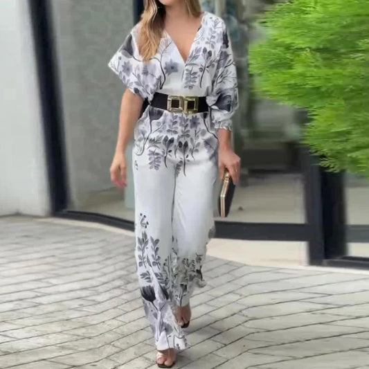 UNIKCOSA™ 2025 Elegant Printed Jumpsuit – Sexy V-Neck Backless Straight-Leg One-Piece | Women’s Casual Fashion Overalls