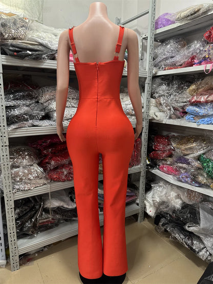 UNIKCOSA’s Strappy Rhinestone Jumpsuit — Red & Black One-Piece Bandage Elegance