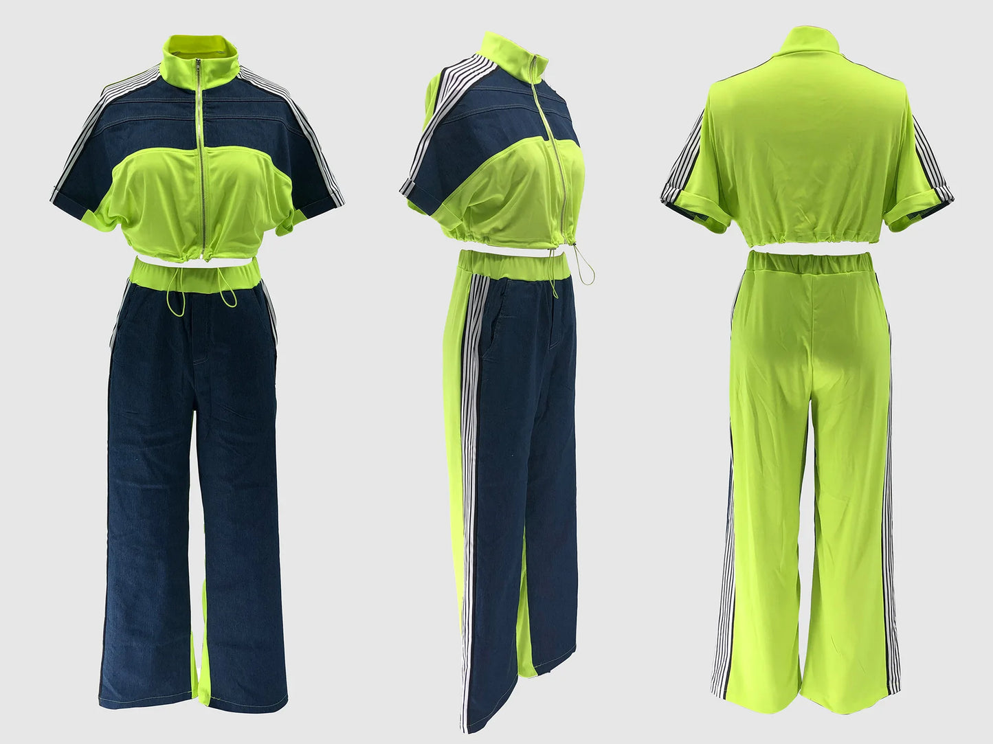 UNIKCOSA’s Patchwork Denim 2-Piece Set — Sexy Crop Top + Matching Jeans Trousers