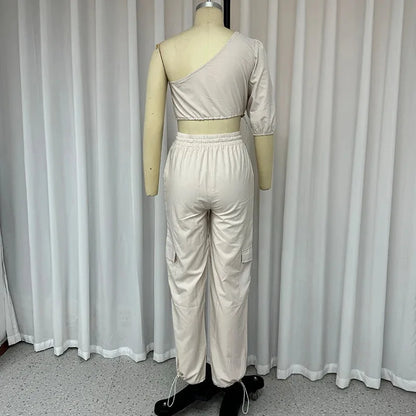 UNIKCOSA™ One-Shoulder Cargo 2-Piece Set – Puff Sleeve Crop Top & High-Waist Cargo Pants | Slim Fit Women’s Matching Outfit