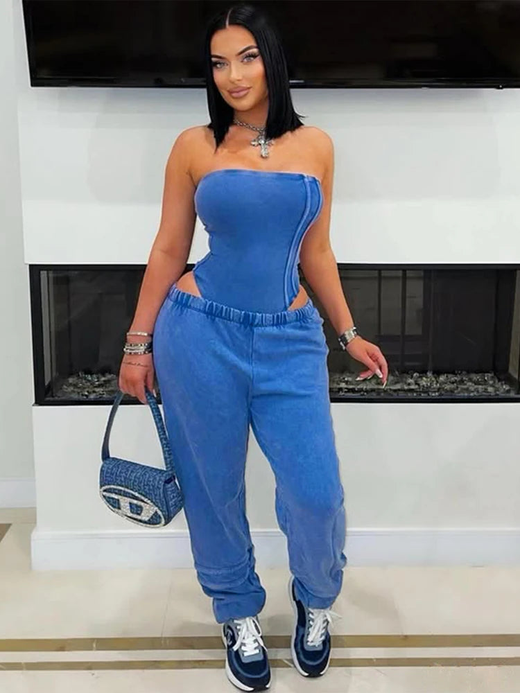 UNIKCOSA’s 2025 Strapless Tracksuit Set — Cotton Washed Bodysuit + Jogger Pants