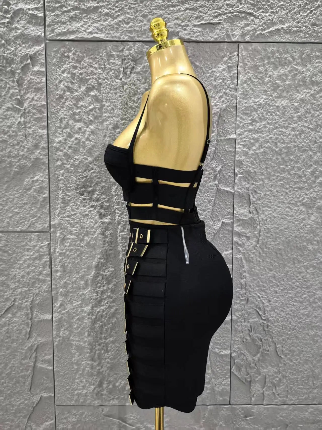 UNIKCOSA’s Black Bandage 2-Piece Set — Sexy Strap Crop Top + Bodycon Mini Skirt Nightclub Outfit