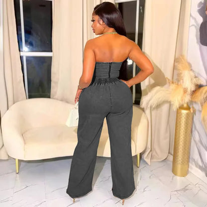 UNIKCOSA’s Denim Ruffle 2-Piece Set — Elegant Crop Top + Wide-Leg Jeans