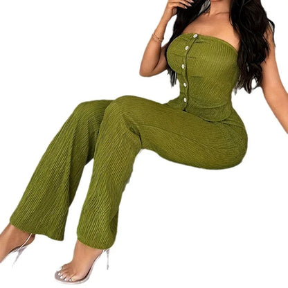 UNIKCOSA™ 2025 Summer Matching Set – Solid Bandeau Button Crop Top & High-Stretch Flared Pants | Women’s Slim Fit 2-Piece Outfit