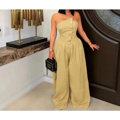 UNIKCOSA™ 2025 Summer Strapless Jumpsuit – Sexy High-Waist Button-Up Wide-Leg One-Piece | Women’s Sleeveless Fashion Outfit