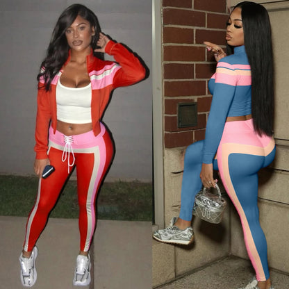 UNIKCOSA’s Color Block Tracksuit — Zipper Jacket + Pants 2-Piece Sporty Set