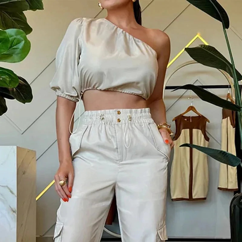 UNIKCOSA™ One-Shoulder Cargo 2-Piece Set – Puff Sleeve Crop Top & High-Waist Cargo Pants | Slim Fit Women’s Matching Outfit