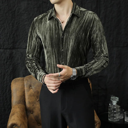 UNIKCOSA Men’s Luxury Velvet Grid Shirt – Slim Fit Long Sleeve Autumn/Winter 2025