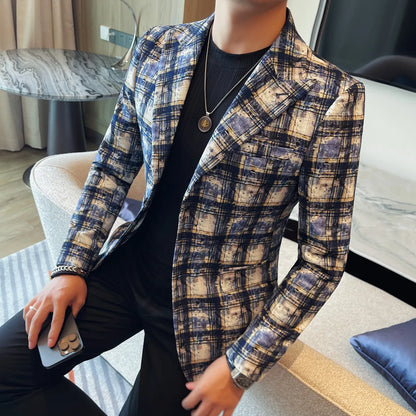 UNIKCOSA Men’s Plaid Blazer – Slim Fit Two-Button Korean Luxury Suit Jacket (Autumn/Winter 2025)