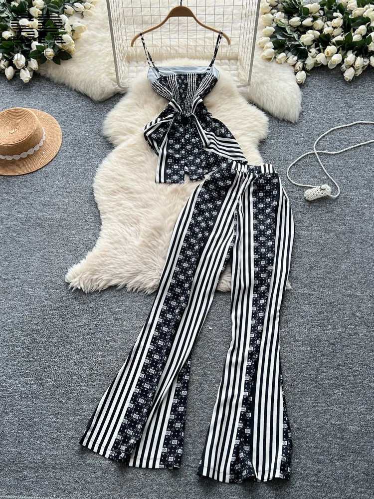 UNIKCOSA’s High Street Stripe 2-Piece Set — Irregular Lace-Up Top + Long Pants