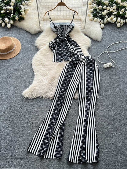 UNIKCOSA’s High Street Stripe 2-Piece Set — Irregular Lace-Up Top + Long Pants