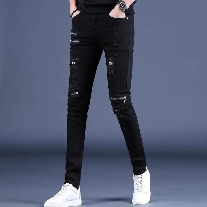 UNIKCOSA Men’s Black Skinny Jeans – Korean Style Slim Fit Streetwear with Knee Zippers & Distressed Holes