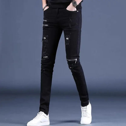 UNIKCOSA Men’s Black Skinny Jeans – Korean Style Slim Fit Streetwear with Knee Zippers & Distressed Holes