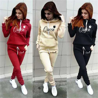 UNIKCOSA’s QUEEN Print Sports Set — Hoodie + Sweatpants 2-Piece Jogging Suit