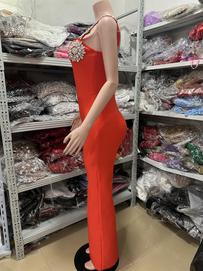 UNIKCOSA’s Strappy Rhinestone Jumpsuit — Red & Black One-Piece Bandage Elegance