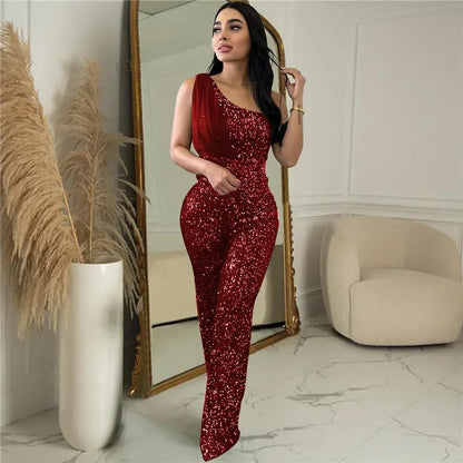 UNIKCOSA’s Glitter One-Shoulder Jumpsuit — Shiny Sequin Straight-Leg Party Romper