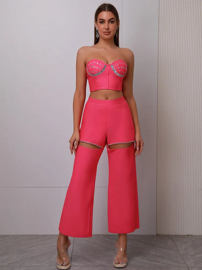 UNIKCOSA’s 2025 Pink Beaded Bandage Set — Strapless Backless Crop Top + Cut-Out Pants