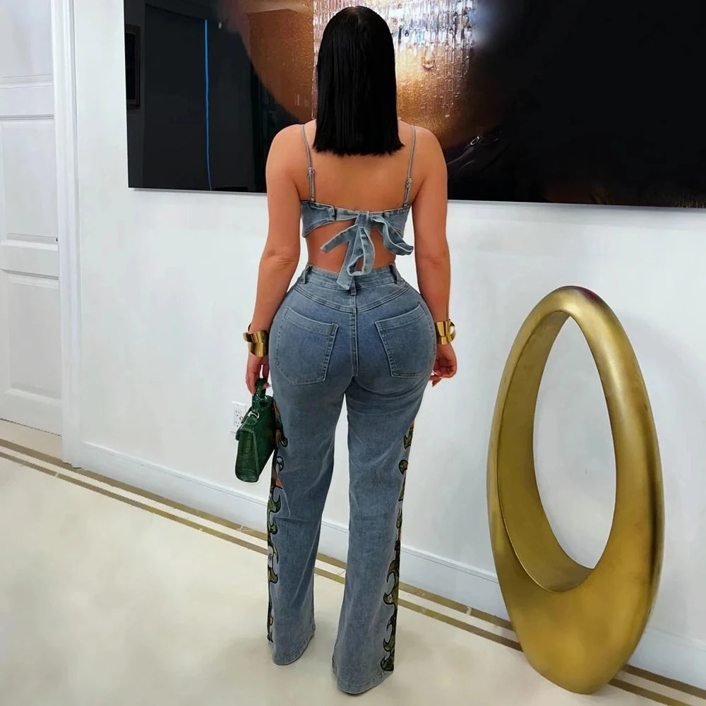 UNIKCOSA’s 2025 Floral Denim Set — Crop Top + Wide-Leg Jeans Streetwear Chic
