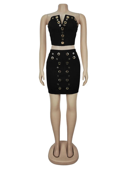 UNIKCOSA’s Irregular Y2K 2-Piece Party Set — Strapless Split Top + Peach-Hip Skirt Clubwear