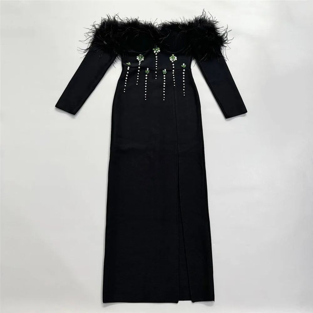 UNIKCOSA’s Feather Crystal Off-Shoulder Gown — Long Sleeve Bodycon Bandage Evening Elegance