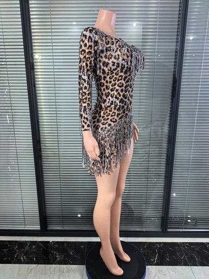 UNIKCOSA’s Leopard Crystal One-Shoulder Mini Dress — Rhinestone Bodycon Party Glam
