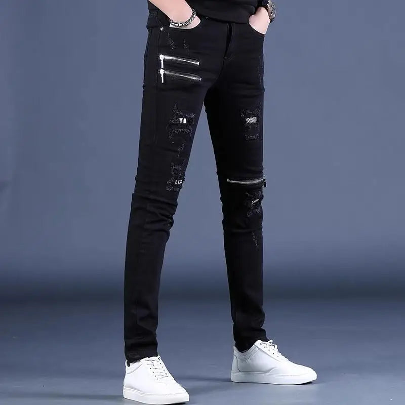 UNIKCOSA Men’s Black Skinny Jeans – Korean Style Slim Fit Streetwear with Knee Zippers & Distressed Holes