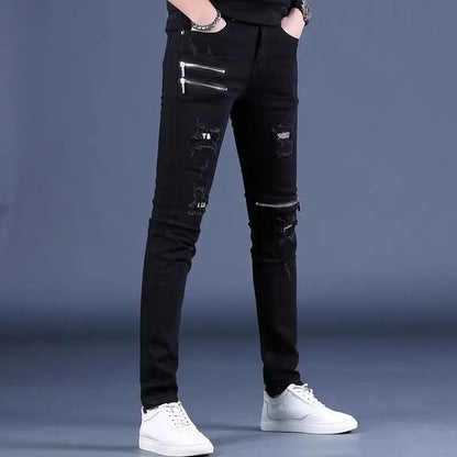 UNIKCOSA Men’s Black Skinny Jeans – Korean Style Slim Fit Streetwear with Knee Zippers & Distressed Holes