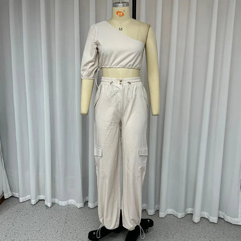 UNIKCOSA™ One-Shoulder Cargo 2-Piece Set – Puff Sleeve Crop Top & High-Waist Cargo Pants | Slim Fit Women’s Matching Outfit