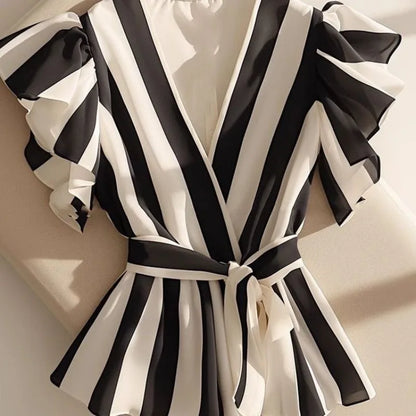 UNIKCOSA’s 2025 Striped Ruffle Blouse — V-Neck Slim-Fit Vintage Top