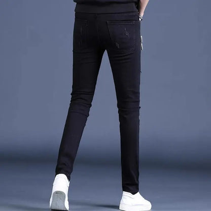 UNIKCOSA Men’s Black Skinny Jeans – Korean Style Slim Fit Streetwear with Knee Zippers & Distressed Holes
