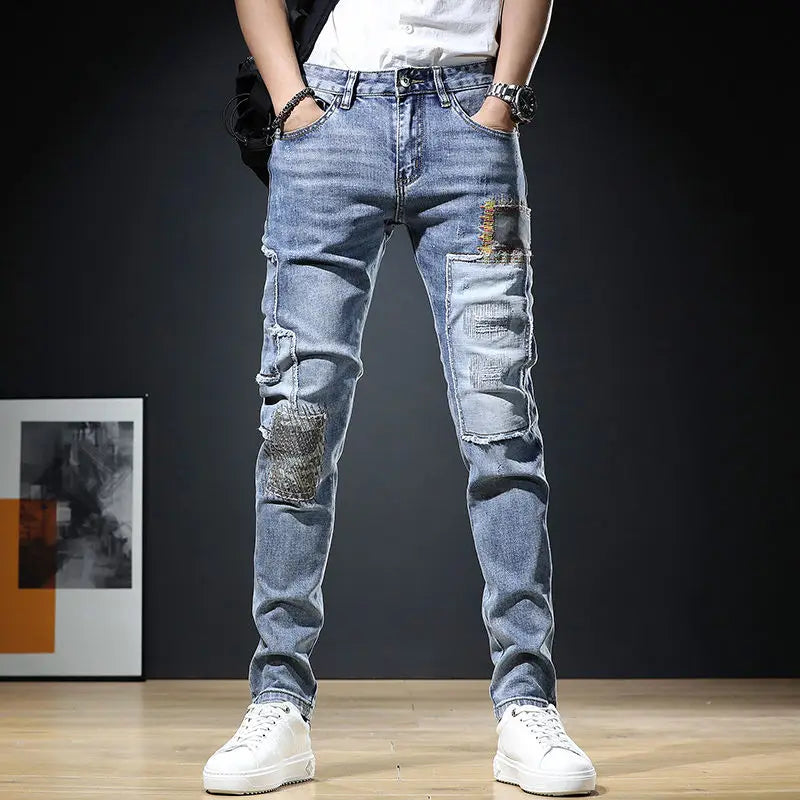 UNIKCOSA Men’s Embroidered Patchwork Jeans – Slim Fit Elastic Hip-Hop Denim Trousers (Autumn New Arrival)