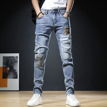 UNIKCOSA Men’s Embroidered Patchwork Jeans – Slim Fit Elastic Hip-Hop Denim Trousers (Autumn New Arrival)
