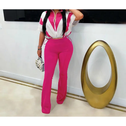 UNIKCOSA™ 2025 Summer Sporty 2-Piece Set – Short Sleeve Zip Top & Matching Pants | Women’s Casual Streetwear Tracksuit