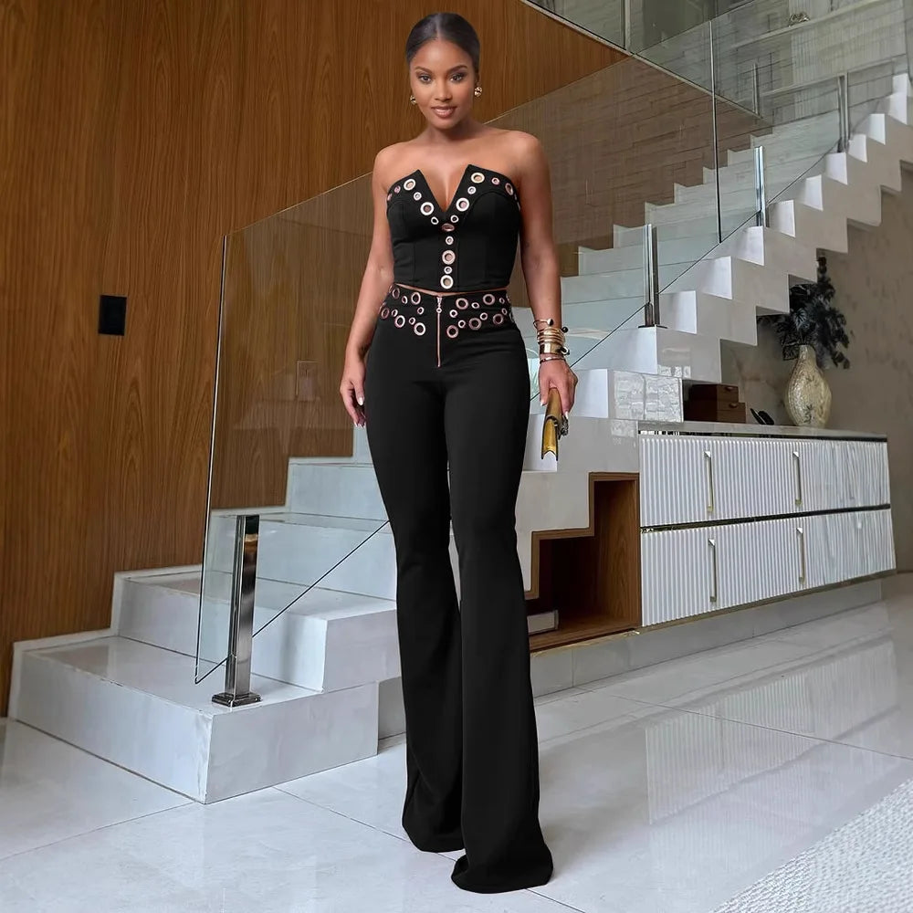 UNIKCOSA™ Sexy 2-Piece Pant Set – V-Neck Strapless Crop Top & High-Waist Slim Fit Pants | Women’s Y2K Streetwear Outfit
