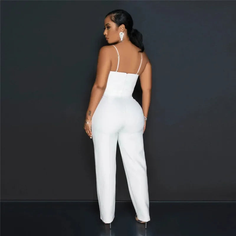 UNIKCOSA’s Glam Rhinestone Bow Jumpsuit — Spaghetti Strap, Deep V-Neck, Straight-Leg Party Elegance