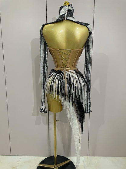 UNIKCOSA’s 2025 Diamond Sequin Tassel Set — Mesh Long-Sleeve Crop Top + Skirt Party Glam