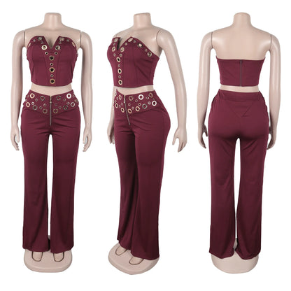 UNIKCOSA™ Sexy 2-Piece Pant Set – V-Neck Strapless Crop Top & High-Waist Slim Fit Pants | Women’s Y2K Streetwear Outfit