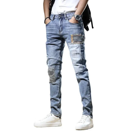 UNIKCOSA Men’s Embroidered Patchwork Jeans – Slim Fit Elastic Hip-Hop Denim Trousers (Autumn New Arrival)