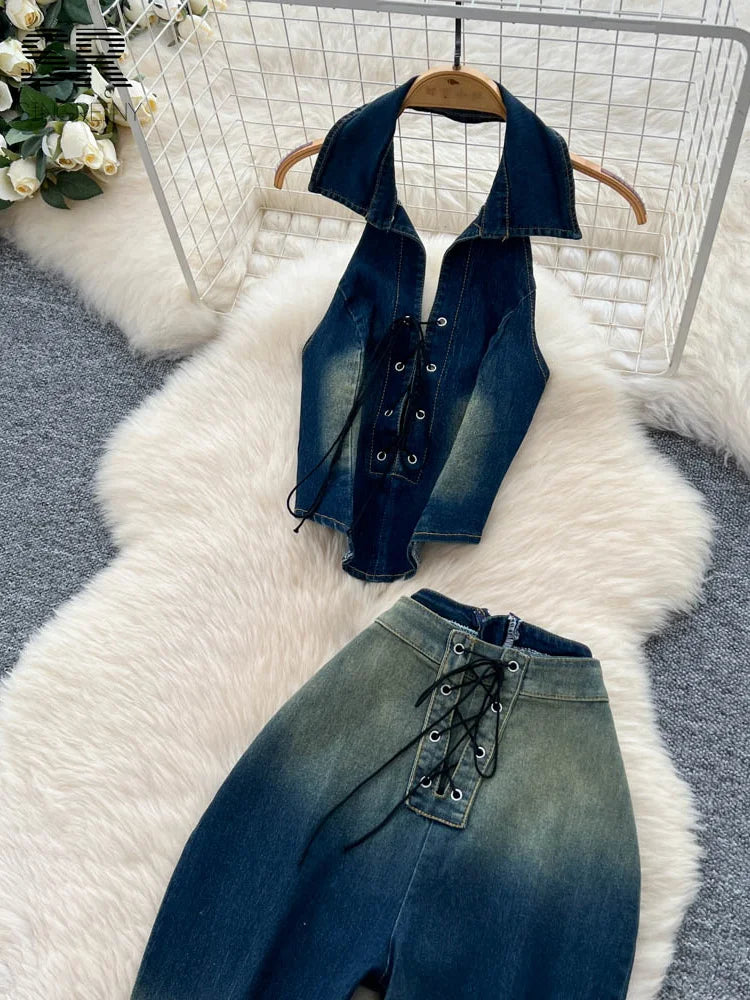 UNIKCOSA’s Retro Denim 2-Piece Set — Halter Crop Top + Lace-Up Skinny Jeans