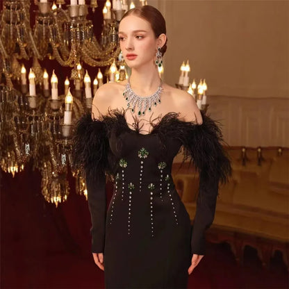 UNIKCOSA’s Feather Crystal Off-Shoulder Gown — Long Sleeve Bodycon Bandage Evening Elegance