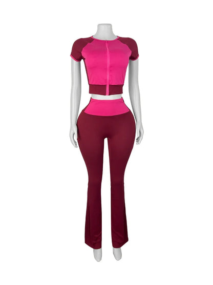 UNIKCOSA’s Color Block Streetwear Set — Short-Sleeve Zip Crop Top + High-Waist Pants